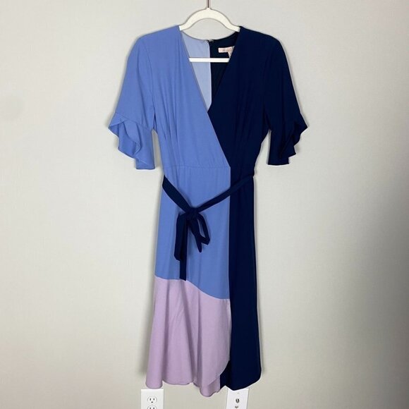 Hutch Colorblock Faux Wrap Midi Dress Womens Medium Short Sleeves Ruffle Belted - Picture 1 of 7